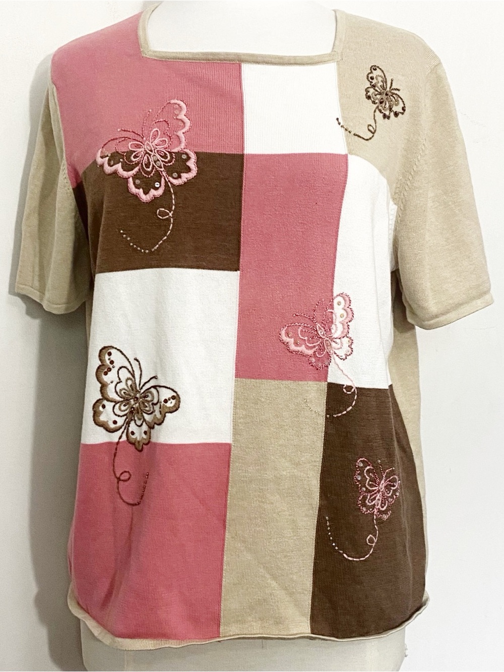Alfred Dunner Color Block Embroidery Butterfly Short Sleeve Cotton Sweater L